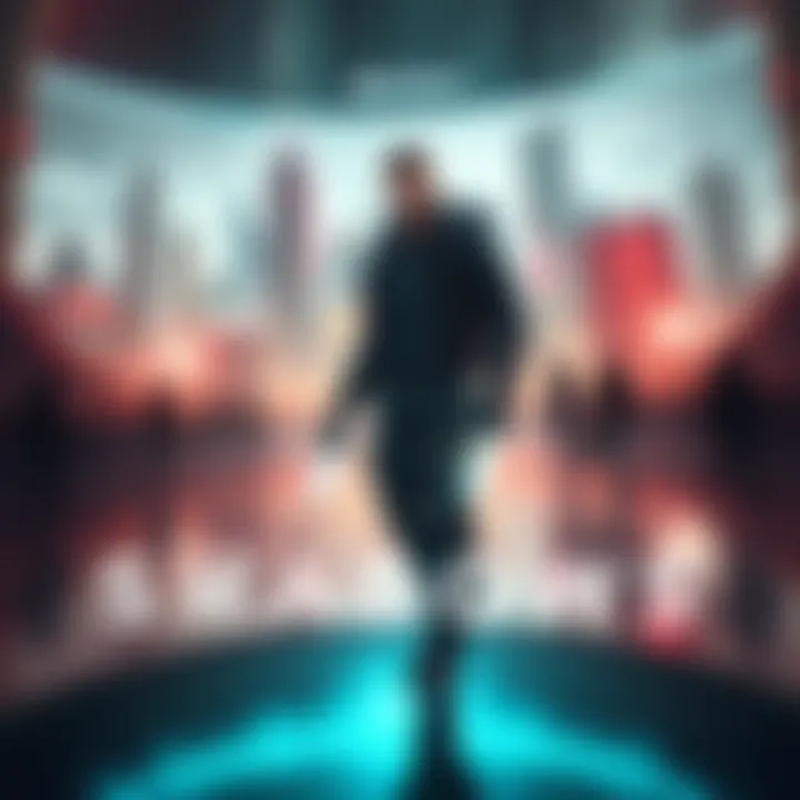 Character Basim standing in a futuristic cityscape from the game Shadows, with a questioning expression.