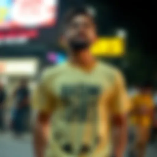 A person wearing a comically designed T-shirt that has drawn laughter and attention from crowds, showcasing funny graphics or phrases.