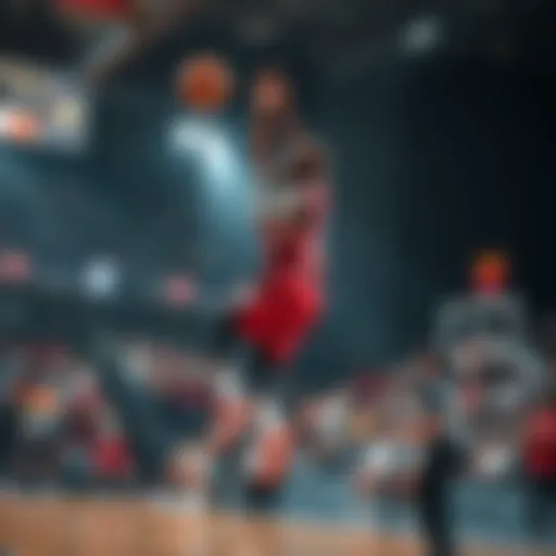 A player leaps to make a clutch three-pointer during a tense basketball game, with fans cheering in the background.