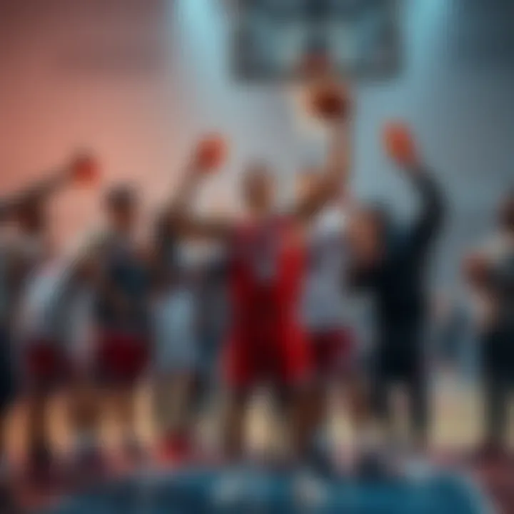 A group of friends celebrating on the basketball court after a game, with one player showing off a victory pose, drinks in hand, and smiles all around.