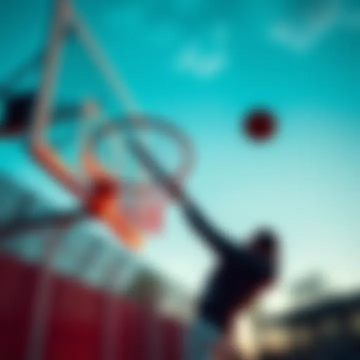 An individual scores a basketball goal by throwing a knife instead of a ball, showcasing a unique sports moment.
