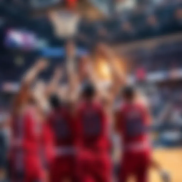 Players celebrating after a thrilling overtime victory in a basketball game, showing excitement and teamwork