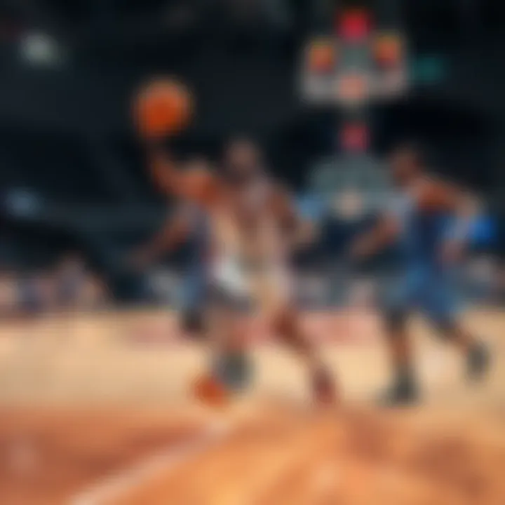 A basketball player performing a skillful 1v3 move known as the Destroyer on the court, showcasing agility and strategy while facing multiple defenders.