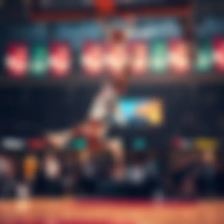 A basketball player leaps into the air to make a slam dunk during a game, with fans cheering in the background.