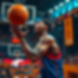 A basketball player focuses on taking a shot with a timer ticking down.