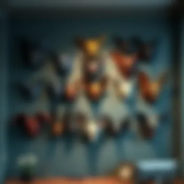 A display of unique bat masks on a wall, showcasing different designs and colors, enhancing the home decor