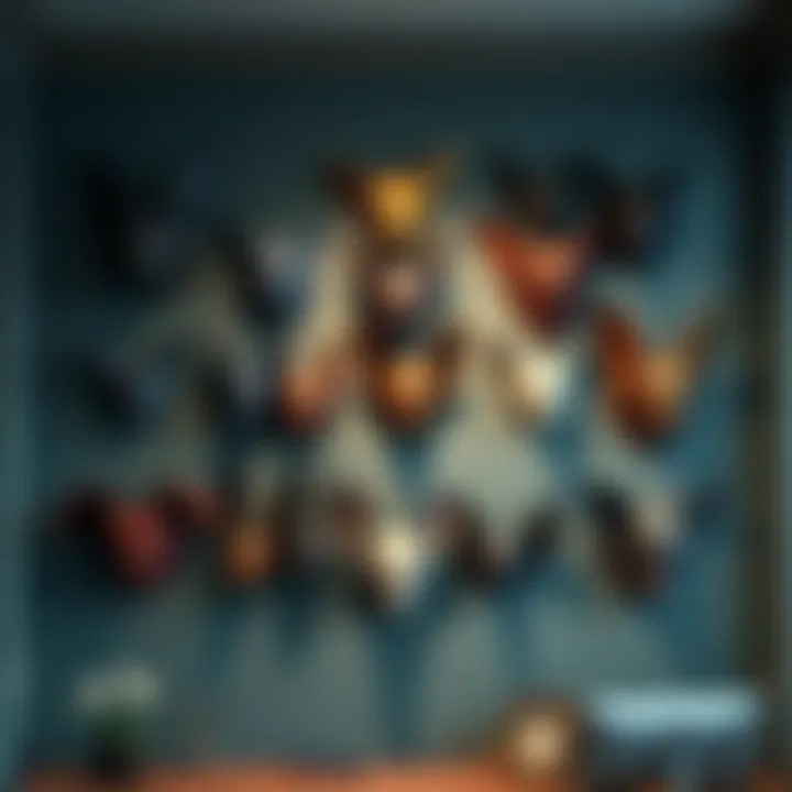 A display of unique bat masks on a wall, showcasing different designs and colors, enhancing the home decor