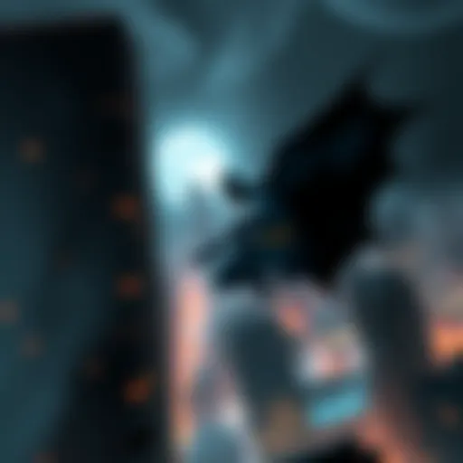 A scene showing Batman gliding over a cityscape at night, with tall buildings and a full moon in the background.