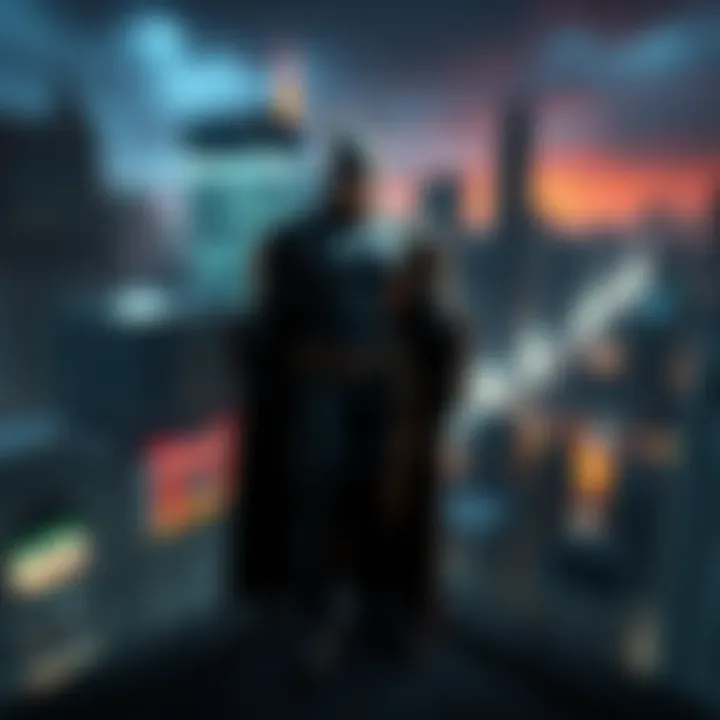 Batman standing on a rooftop overlooking the city, with a dark and moody skyline in the background.