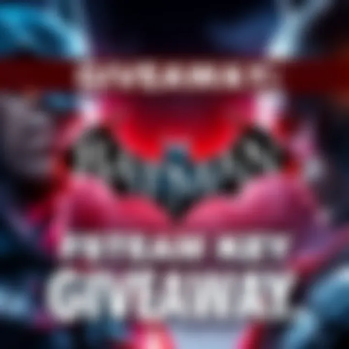 A graphic promoting the giveaway of a Batman Arkham City Steam key, featuring the game's logo and a comment prompt.