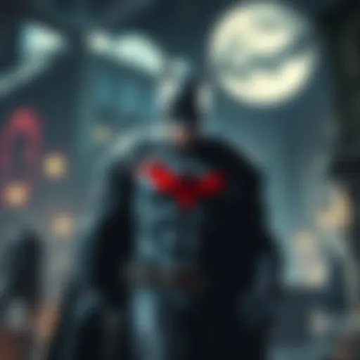 A screenshot featuring Batman in a dark cityscape with villains in the background, showcasing action and adventure elements of the game