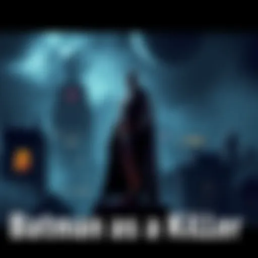 Batman as a Killer A dark, brooding Batman stands over a shadowy Gotham City, reflecting a darker approach to heroism. The scene captures a tense atmosphere as he holds a weapon, hinting at his potential as a killer.