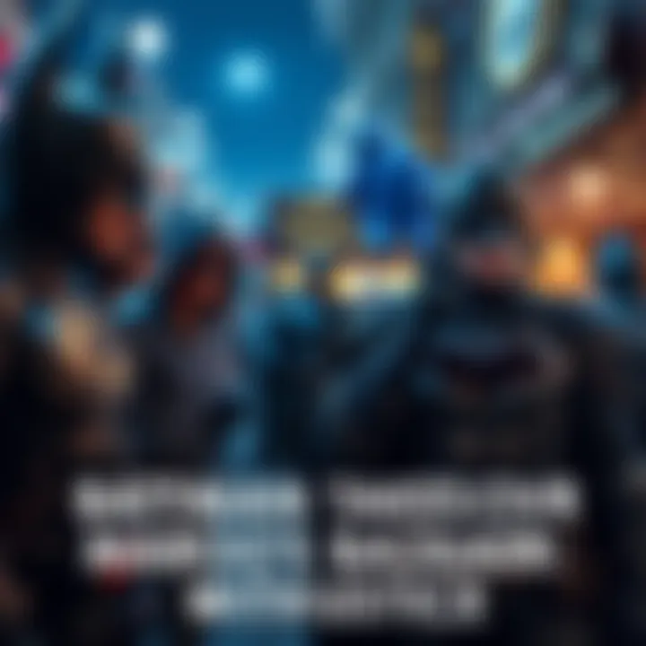 A group of Batman fans dressed in costumes celebrating at Maroo's Bazaar with signs of justice.