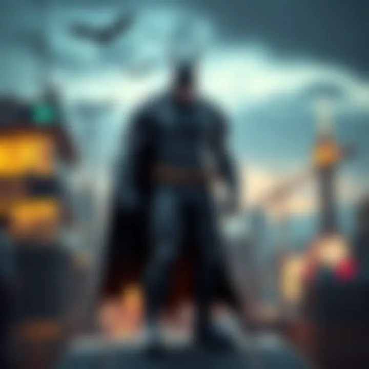 Batman standing on a rooftop in Gotham City, ready for action