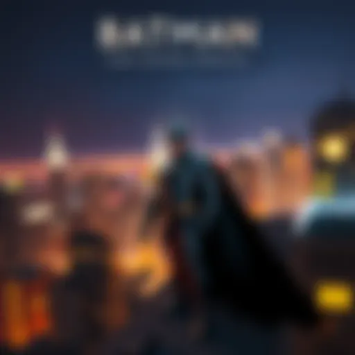 Batman stands heroically on a rooftop in Gotham City, overlooking the cityscape at night