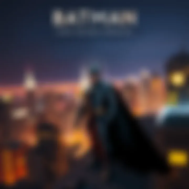 Batman in Gotham City Batman stands heroically on a rooftop in Gotham City, overlooking the cityscape at night