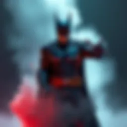 A digital illustration of the Batman Sprite character surrounded by a dark cloud of smoke after taking damage, highlighting its unique gameplay feature.