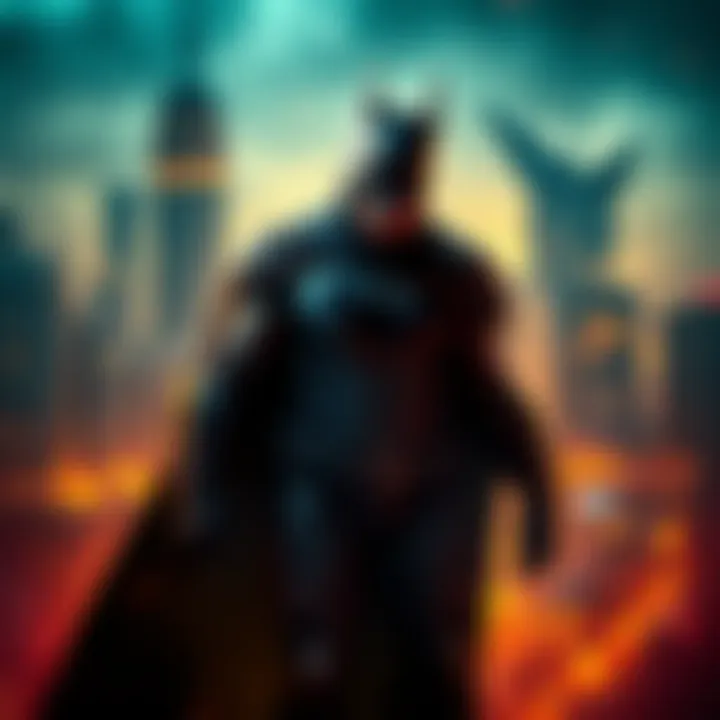 Batman stands ready to confront a mischievous villain amid the dark city skyline