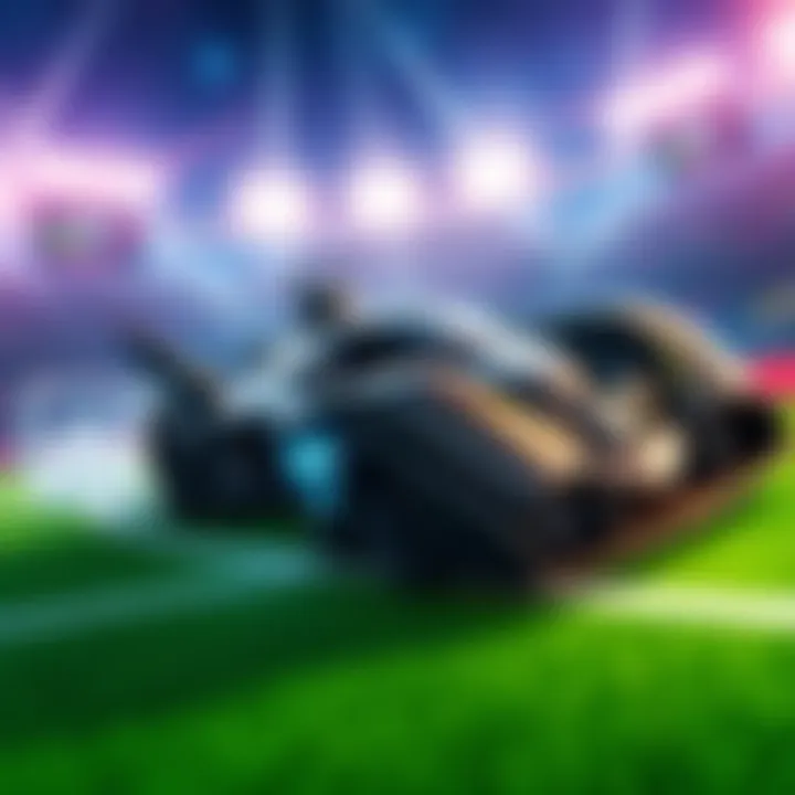 The Batmobile racing on a Rocket League field with colorful goals and cheering fans.