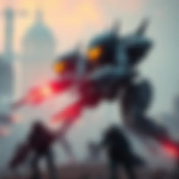 A scene showing human soldiers preparing defenses against alien robots in a war-torn cityscape.