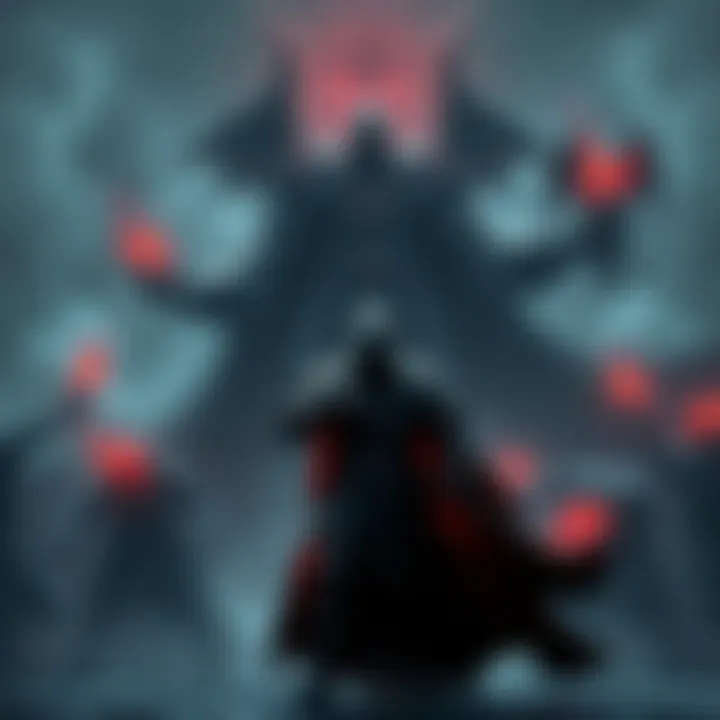 A warrior uses specters in a dark, mystical arena while the Archbishop looms in the background, creating a tense gaming scene.