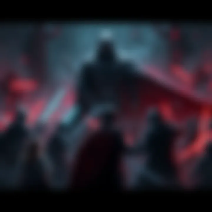 A group of warriors prepares for battle against a shadowy figure representing the Dark Lord in a dark, ominous setting.