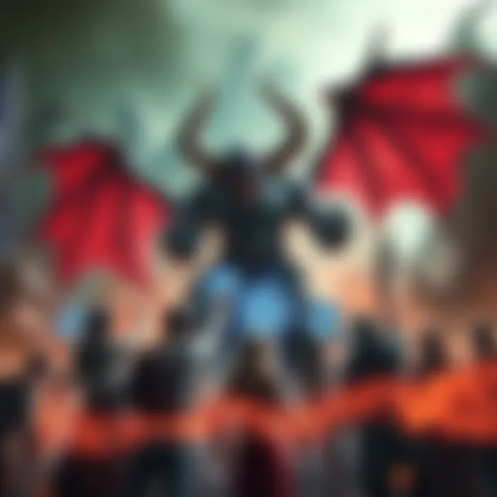 A group of players strategizing together to defeat a large demonic figure, symbolizing the Demon of Pride, with bright magical spells surrounding them.