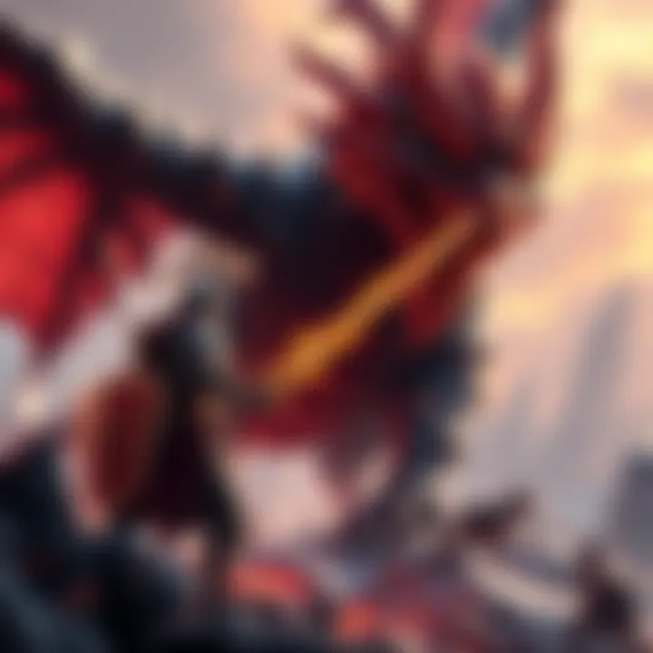 A player character in armor battles the Draconic Sentinel, a large dragon-like creature with fiery breath, in a fantasy landscape.