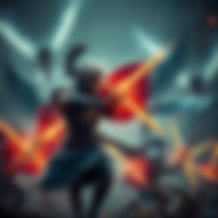 A warrior engages in combat with four Valkyries, showcasing strategic movements and techniques, with weapons drawn and focus on victory.