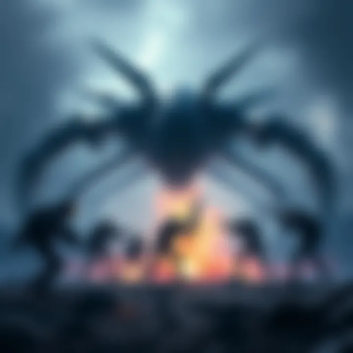 A combat scene showing a group of fighters strategizing to safely engage a Vex Hydra, with the Hydra looming in the background, ready to attack.