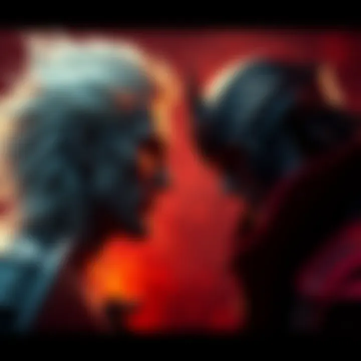 Alucard and Hector face each other in a dramatic standoff, showcasing their distinct styles and intense expressions, symbolizing loyalty and conflict.