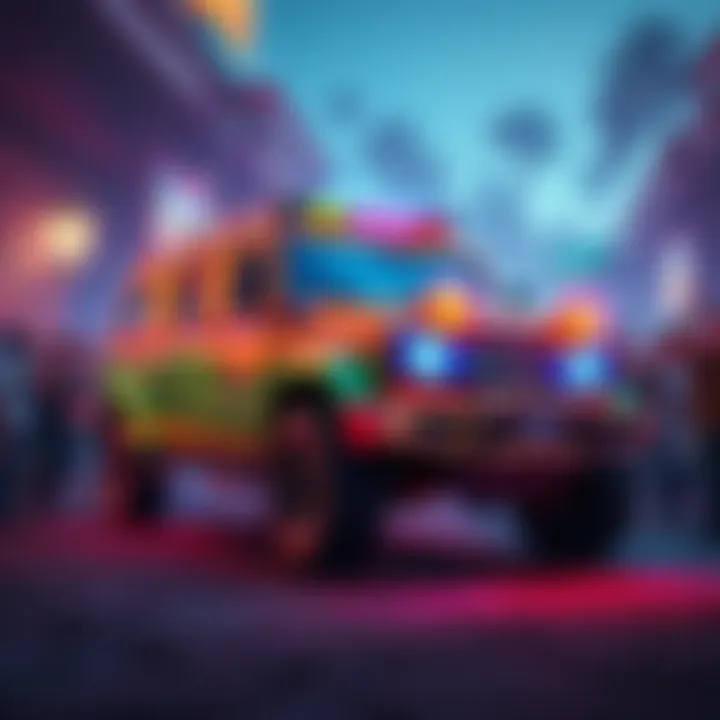 Battle Bus SUV in an Epic Games setting A colorful Battle Bus SUV parked in a game environment with fans excited around it