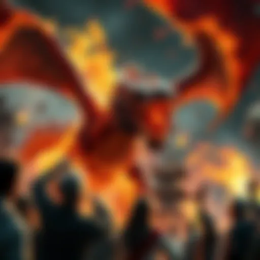 A fierce battle scene featuring a ghost flame dragon unleashing fire, with people showing confusion and misplaced focus during the chaos.