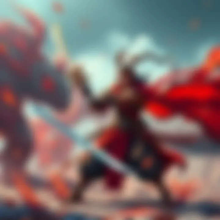 Battle with Godric the Grafted A samurai character engaged in battle with Godric the Grafted, a formidable boss, in a fantasy setting.