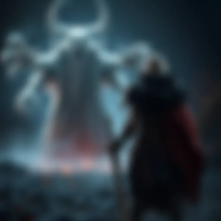 A warrior stands ready with a sword, facing a ghostly lich in a dark, eerie setting, highlighting the tension of the impending battle.