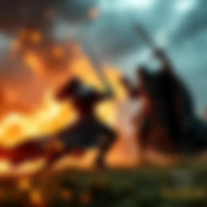 A fierce battle scene showing War clashing with the dark lord Sauron in Middle-Earth, amidst a dramatic landscape of conflict.
