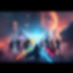 A dramatic scene showing multiple characters from the 1048 universe preparing for a showdown, with energy beams and epic landscapes behind them.