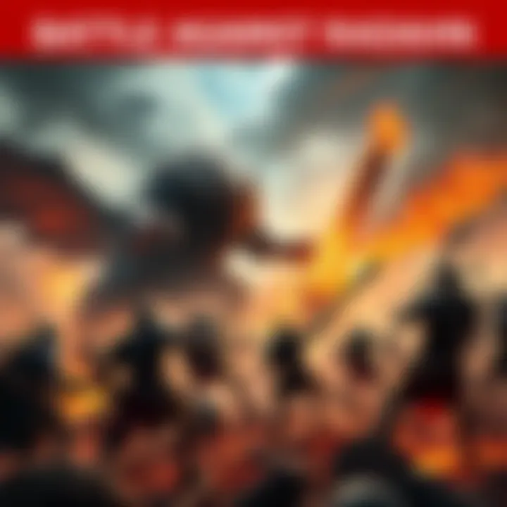 Battle against Radahn A fierce battle scene showing warriors fighting against a giant creature, with chaos and destruction all around.