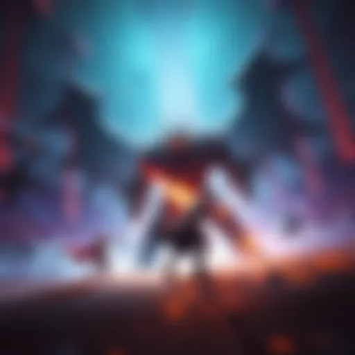 A player character battles the Anguished Guardian, a large, imposing figure with dark armor and glowing eyes, in a vibrant arena setting during Difficulty 5 in Battle Memories.