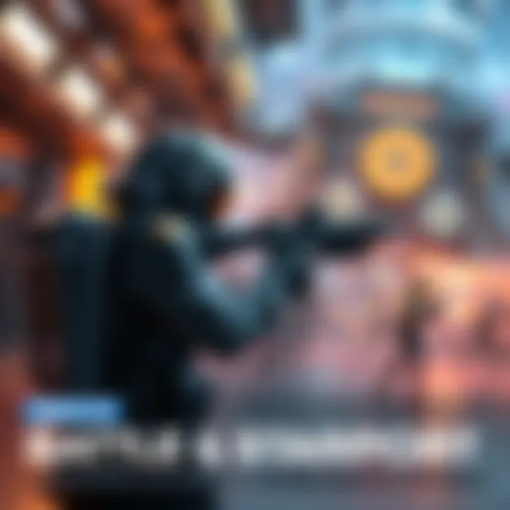 A player in a gaming battle at a starport, showcasing intense shooting action with various characters in the background.