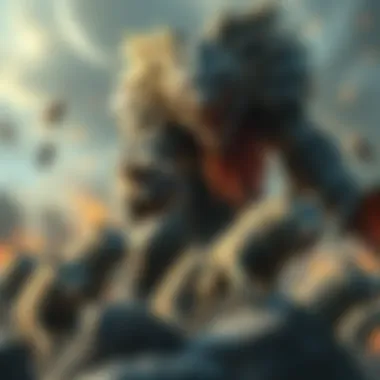 A fierce battle scene showing a giant creature named BHEMOTH being attacked while a pack of wolves lurks nearby ready to strike.