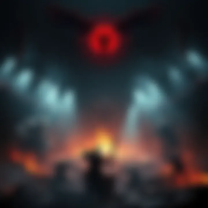 A player faces off against Azazel and Nephilim in a chaotic arena filled with fire and shadows, symbolizing the fight between sin and redemption.