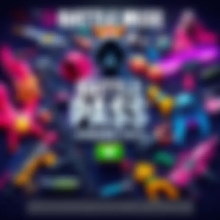 A colorful display of various battle pass cosmetics including skins, weapons, and accessories, showcasing the excitement of gaming.