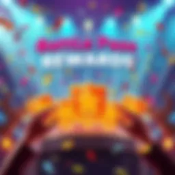 Battle Pass Rewards Announcement A graphic showing rewards being distributed for a battle and event pass, with celebratory elements like confetti and excitement.