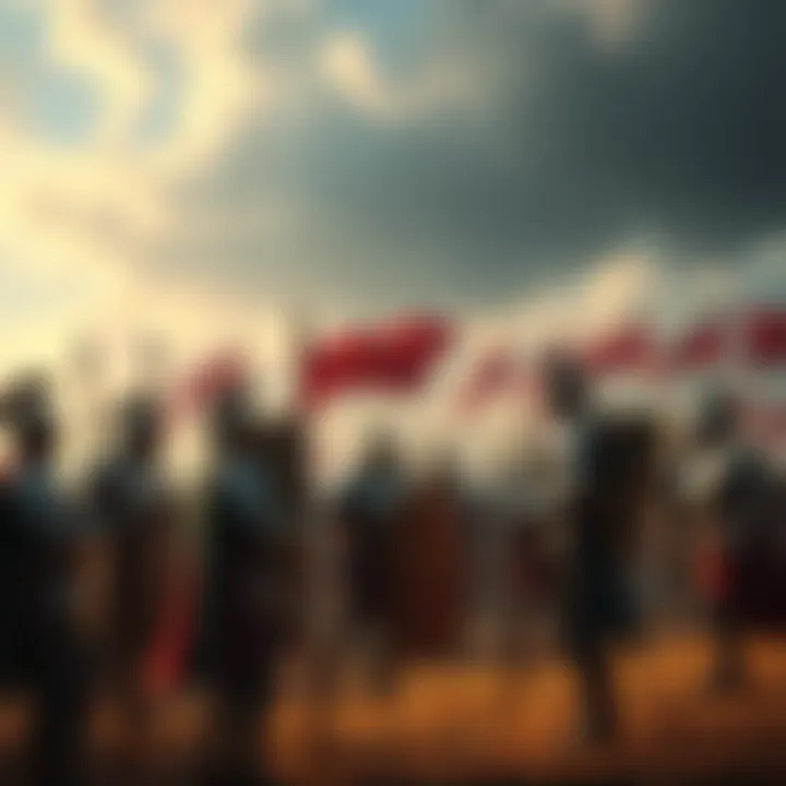 A group of warriors strategizing on a battlefield, equipped with armor and weapons, ready for upcoming challenges.