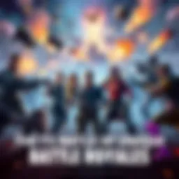 Battle royale game characters in action A group of diverse characters battling in a vibrant, chaotic environment of a battle royale game