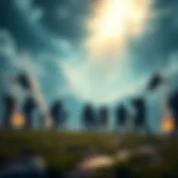 A vibrant battle royale game setting showcasing players in action under changing weather conditions with rain clouds and sun beams