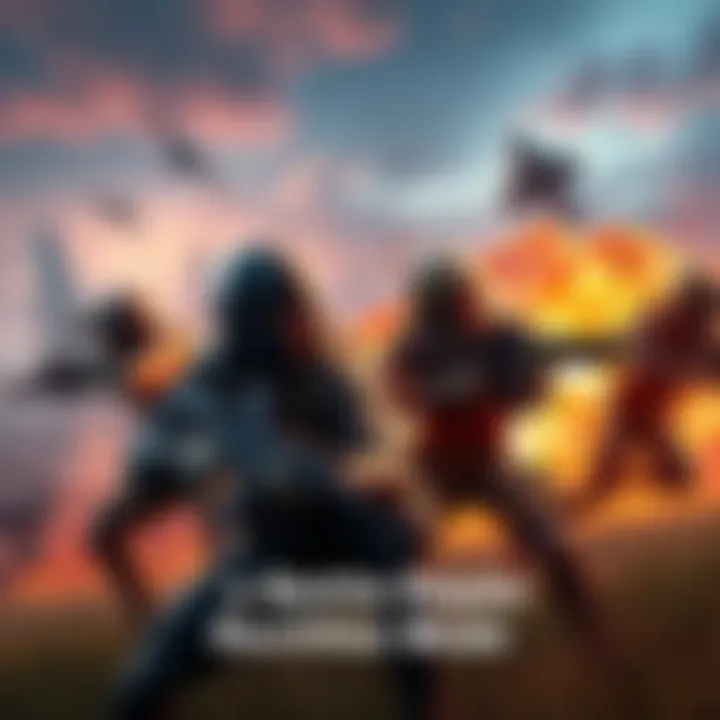 Battle Royale Gameplay A group of players engaging in an intense battle royale match, showcasing fast-paced action and strategic gameplay with guns and varied terrain.
