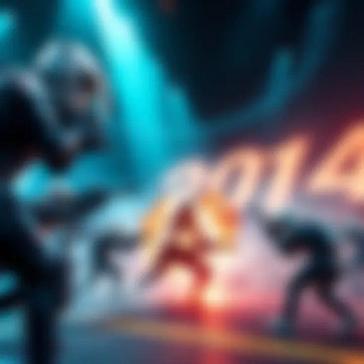 A group of players in a virtual arena engaging in intense combat during a battle royale game mode.