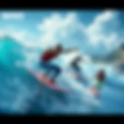 A vibrant scene of players surfing on waves during a Battle Royale match, showcasing excitement and energy as they ride the waves before the event concludes.